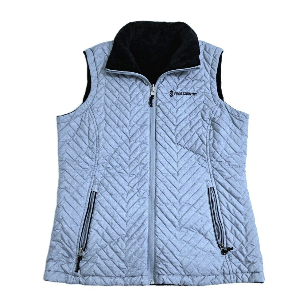 Free Country Womens Medium Quilted Puffer Reversible Fleece Vest Jacket Gray